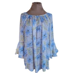 Chaps‎ Floral Boho Tiered Bell Sleeve Chiffon Tunic Blouse Women's Large